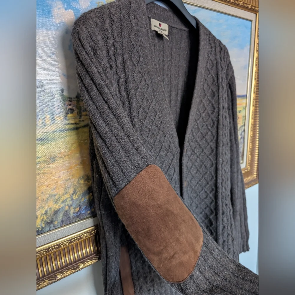 Woolrich Wool Dark Brown Cardigan with Suede Patches Large